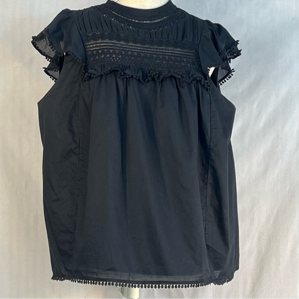 J. Crew Top Black Cotton Boho Flutter Cap Sleeves Crocheted Lace High Neck EUC L